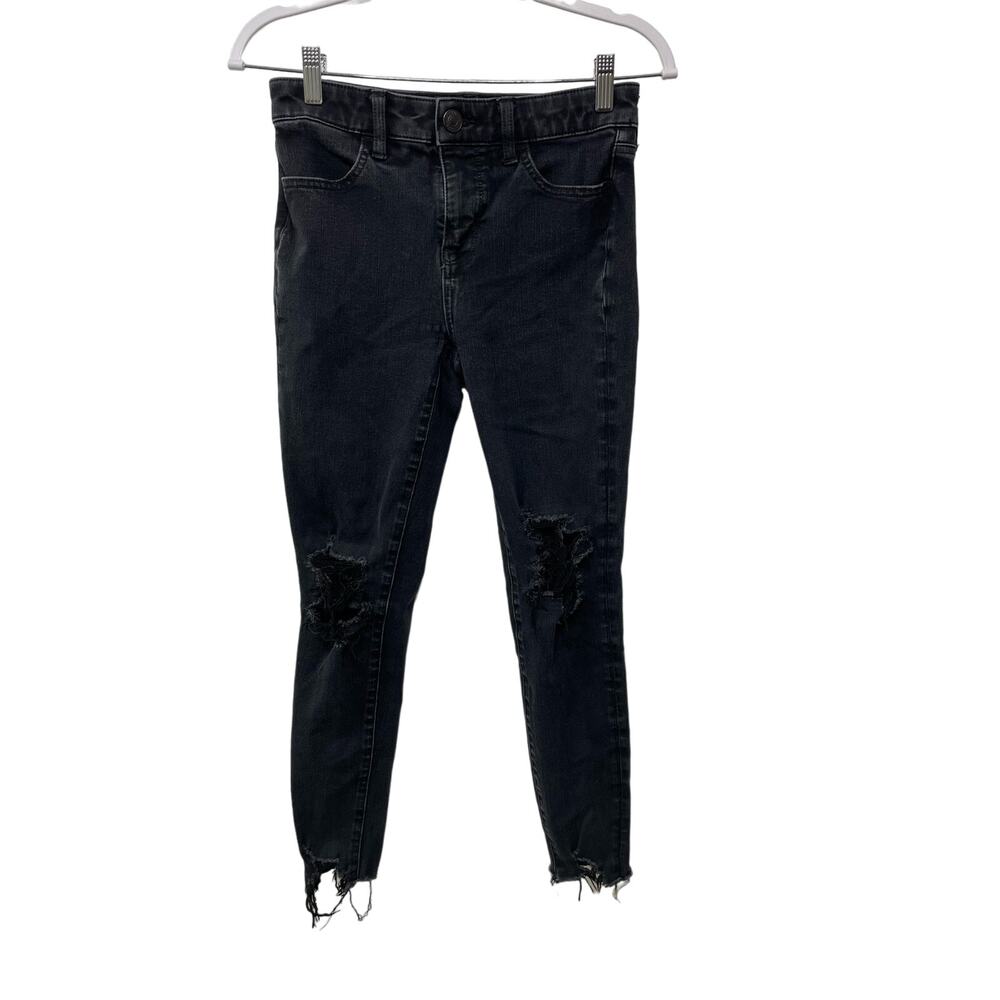 American Eagle Black‎ Denim Distresses Frayed Skinny Jeans Dark Washed Goth 4
